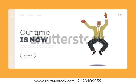 Elderly Fun, Success Landing Page Template. Adult Bearded Man in Casual Clothes Jumping. Happy Senior Male Character Wearing Green Jacket and Black Pants Rejoice. Cartoon People Vector Illustration