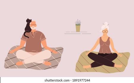 Elderly funny woman and man in yoga lotus position doing meditation, mindfulness practice,spiritual discipline at home or gym.Cute old lady and male sitting on mat and meditating.Vector illustration