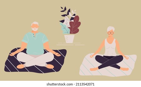 Elderly funny woman and man in yoga lotus position doing meditation, mindfulness practice,spiritual discipline at home or gym.Cute old lady and male sitting on mat and meditating.Vector illustration