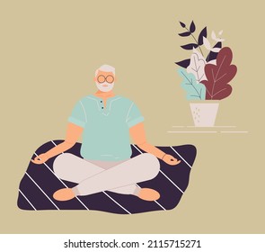 Elderly funny woman and man in yoga lotus position doing meditation, mindfulness practice,spiritual discipline at home or gym.Cute old lady and male sitting on mat and meditating.Vector illustration