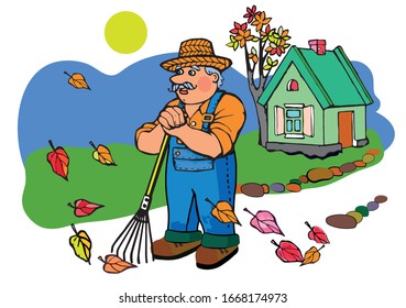 Elderly gardener in a straw hat, standing in a garden with a rake, watches the fall of autumn leaves                       