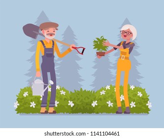 Elderly gardeners working. Happy man, woman in a green garden with a spade, growing, taking care of plants, cultivates homegrown flowers, veggies, enjoy hobby. Vector flat style cartoon illustration