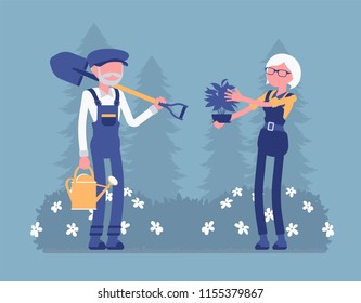 Elderly gardeners working. Senior man and woman in a garden with a spade, growing, taking care of plants, cultivates homegrown flowers, veggies, enjoy hobby. Vector illustration, faceless characters