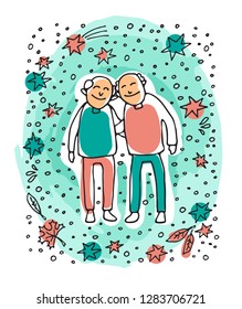 Elderly gay couple on blue background. Gay seniors. Doodle style. Design element for leaflets or posters.