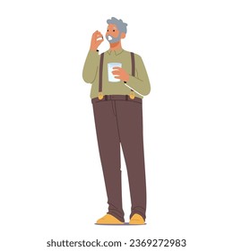 Elderly Gentleman Character Carefully Takes His Daily Medication, A Routine Symbol Of His Commitment To Health And Wellbeing, A Testament To A Life Well-lived. Cartoon People Vector Illustration
