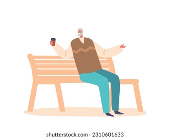 Elderly Gentleman Character Enjoying A Peaceful Moment On A Bench, Sipping His Coffee. Serene, Content, And Reflective