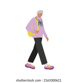 Elderly gentleman with gray hair walking and hiking with binoculars, modern dressed with sneakers. Flat style isolated vector illustration