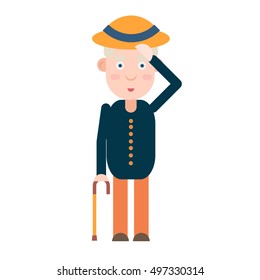 Elderly gentleman greets with hat, manners respect vector illustration