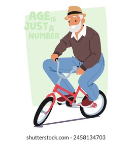 Elderly Gentleman Riding On A Child Bike. Gleeful And Carefree Old Male Character Breaking Age Stereotypes And Embracing The Fun Of Life Simple Pleasures. Cartoon People Vector Illustration