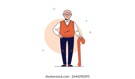 An Elderly Gentleman Standing Calmly With His Cane In A Simple Animation Style