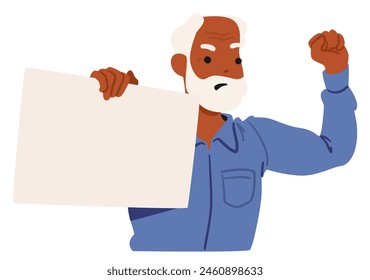 Elderly Gentleman With A White Beard Confidently Raises His Fist In The Air, Holding A Blank Protest Sign. Character Showcasing The Spirit Of Advocacy And Courage. Cartoon People Vector Illustration