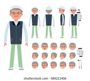 An elderly golfer. Man character creation set. Generator with emotions, moves, work attributes. Build your own design. Cartoon vector flat-style infographic illustration