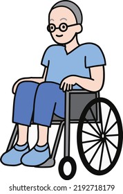 Elderly grandfather in blue clothes and sitting in a wheelchair vector illustration