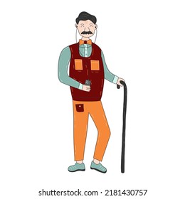 Elderly grandfather with a cane holds a smartphone in his hands and listens to music in headphones. Pensioners and technology. Colorful vector isolated illustration hand drawn