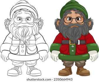 An elderly grandfather dressed like a gnome, wearing glasses, isolated in the countryside