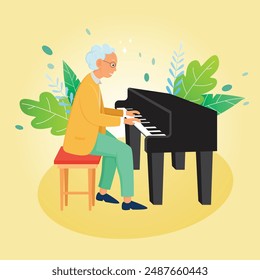 El abuelo mayor toca música de piano