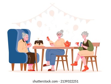 An Elderly Grandmother Celebrates Her Birthday With Family Or Friends. An Elderly Woman Blows Out A Candle On A Cake. Vector Illustration.