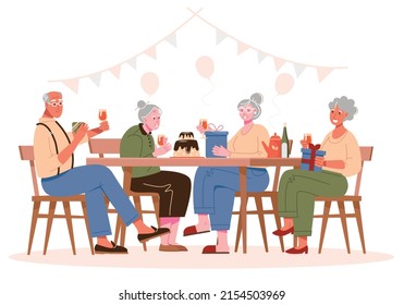 An Elderly Grandmother Celebrates Her Birthday With Family Or Friends. Gifts And Congratulations. Vector Illustration.