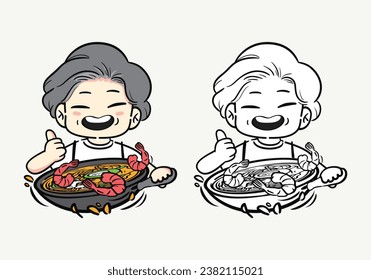 An elderly grandmother cooking a stir-fry dish