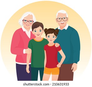 Elderly grandmother, grandfather and grandson and granddaughter/Grandparents and their grandchildren/A group of members of the family: grandmother, grandfather and grandchildren