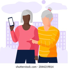 An elderly grandmother is holding cell phone. Senior people using smart devices. Grandma calls. Portrait of old women with phone. Studying smartphone and Internet. Social networks in telephone