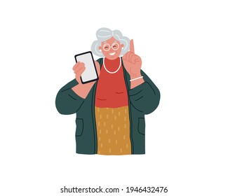 An elderly grandmother is holding a cell phone.Senior people using smart devices. Grandma calls for attention. Raise his index finger up.