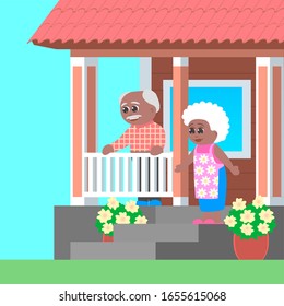 Elderly grandparents African American are waiting for guests on the porch of a wooden house. There are joyful smiles on their faces. Cartoon vector illustration.