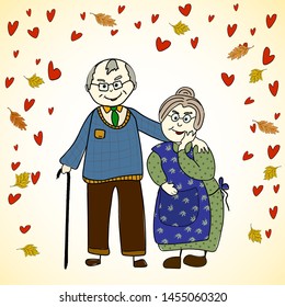 Elderly grandparents cuddle together against the background of leaves and hearts. Happy old age and love
