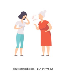 Elderly gray haired woman yelling at frustrated young woman, mother scolding her adult daughter vector Illustration on a white background