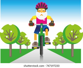 an elderly gray-bearded man in a protective helmet rides a bicycle along the way in the park