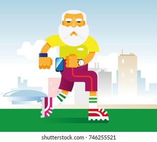 an elderly gray-haired bearded man in bright sneakers jogging along the path in the city park