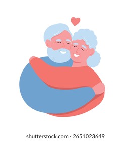 Elderly gray-haired couple in love together. Old people hug each other. Vector flat graphics.