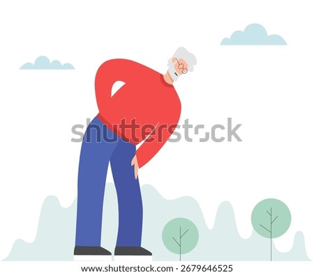 Elderly gray-haired man feeling back pain while bending down. Lower back pain. Tired old person. Health problem. Muscle pain, osteoarthritis, rheumatoid arthritis or weakness. Old age. Vector.