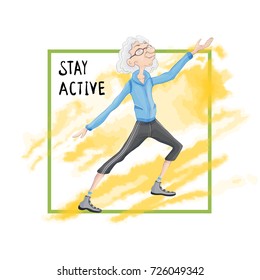 Elderly gray-haired man practicing Taiji or Wushu gymnastics in nature. Active lifestyle and sport activities in old age. Template of poster for a sport club. Vector illustration.
