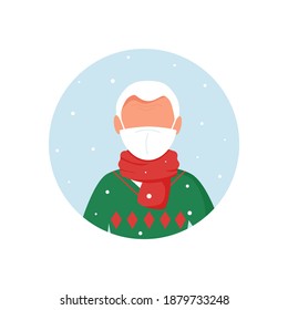 Elderly gray-haired man in a red scarf and a medical mask on the street. Winter background, snowfall. Individual protection measures against coronavirus. Icon. Vector illustration in flat style