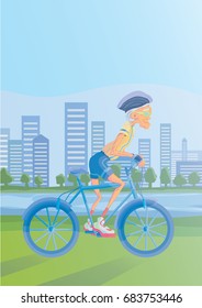 An elderly gray-haired man riding a Bicycle in a Park on the banks of the river. Active lifestyle and sport activities in old age. Vector illustration.