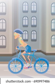 An elderly gray-haired man riding a Bicycle on city street. Active lifestyle and sport activities in old age. Vector illustration.