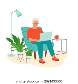 Elderly Gray-haired Man Working On Laptop In A Chair. Concept Of Active Seniors, Retirees Of Using Modern Technologies. Remote Work From Home, Training, E-learning. Isolated Flat Vector Illustration