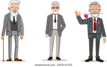 Elderly gray-haired set mens with a beard of different characters stands with a stick, holds his hand in his pocket and shows a gesture everything is ok with a flower in his mouth Vector