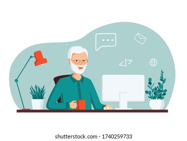 Elderly gray-haired smiling pensioner man sits at a computer. The concept of remote work from home, distance learning, programming, freelance for retired people. Flat cartoon vector illustration