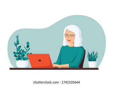 Elderly gray-haired smiling pensioner woman sits at a computer. The concept of remote work from home, distance learning, programming, freelance for retired people. Flat cartoon vector illustration