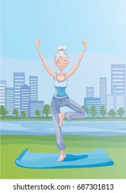 An elderly gray-haired woman practice yoga outdoors in city park, standing on one leg. Active lifestyle and sport activities in old age. Vector illustration.