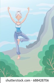 An elderly gray-haired woman practice yoga outdoors on the edge of the cliff, standing on one leg. Active lifestyle and sport activities in old age. Vector illustration.