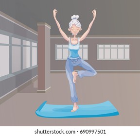 An elderly gray-haired woman practice yoga in the gym, standing on one leg. Active lifestyle and sport activities in old age. Vector illustration.