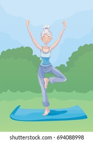 An elderly gray-haired woman practice yoga outdoors, standing on one leg. Active lifestyle and sport activities in old age. Vector illustration.