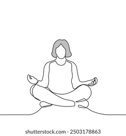 elderly gray-haired woman sitting in lotus position - one line art vector. yoga class concept. Handmade vector not AI