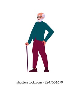 Elderly Grey Haired Male Character Isolated on White Background. Senility, Old Ages Concept. Senior Man, Aged Grandfather Standing with Walking Cane. Cartoon People Vector Illustration