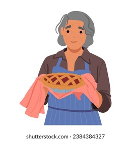 Elderly Grey Haired Woman, A Loving Granny, Smiles Warmly While Holding A Freshly Baked Cake In Her Hands, Radiating The Warmth Of Tradition And Family. Cartoon Vector Illustration