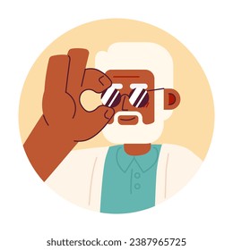 Elderly grey-haired black man adjusting sunglasses 2D vector avatar illustration. Stylish grandpa cartoon character face portrait. Fashion statement flat color user profile image isolated on white