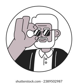 Elderly grey-haired black man adjusting sunglasses black and white 2D vector avatar illustration. Stylish grandpa outline cartoon character face isolated. Fashion statement flat user profile image